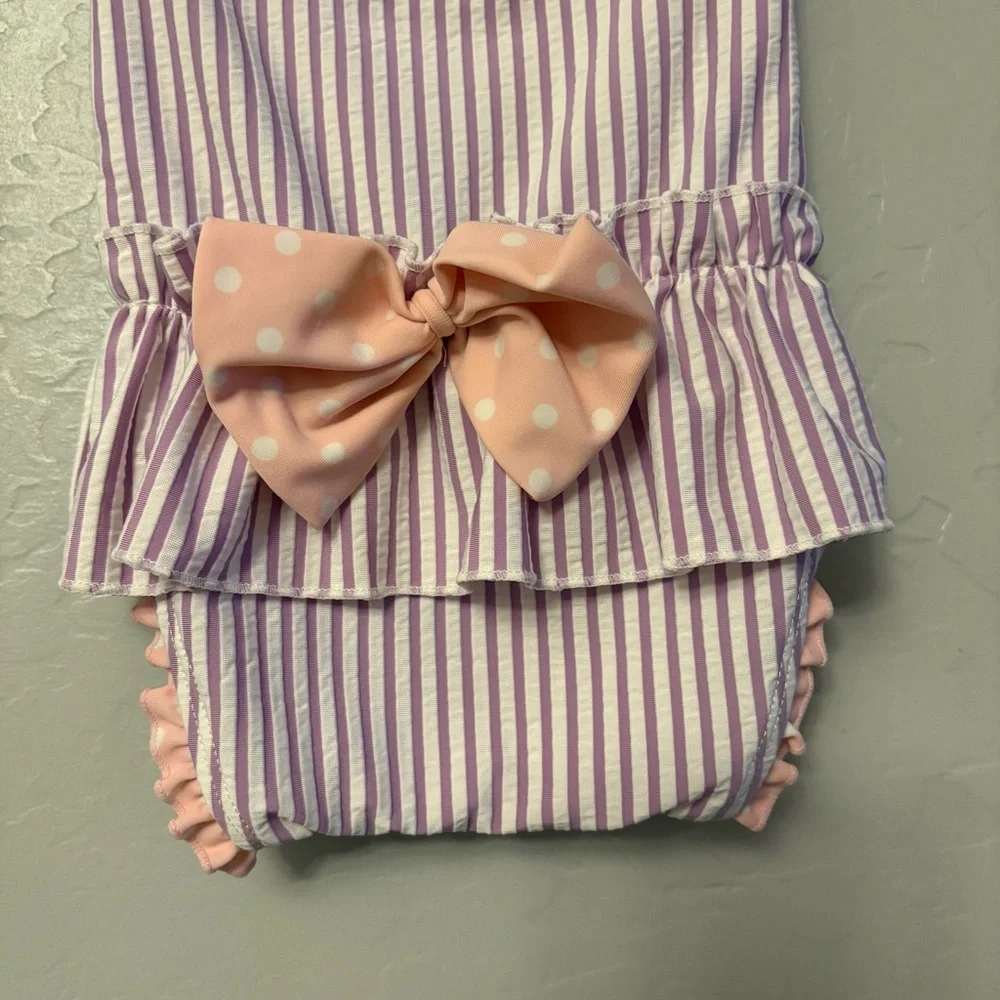 ⭐️Ruffle Butts purple white and pink peplum short sleeve swimsuit 3-6 months